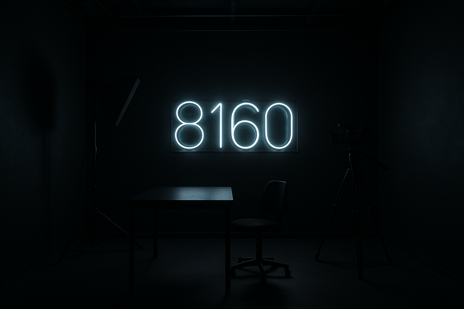 schwarze studio dunkelgehalten mit einem led schild an der wand mit 8160